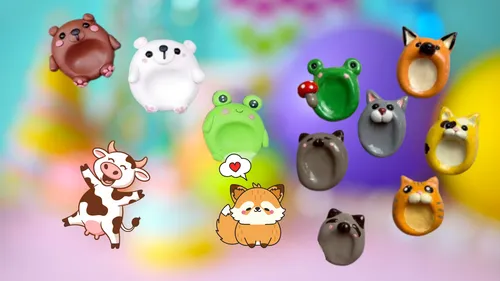 Cute animal-shaped rings on colorful background.