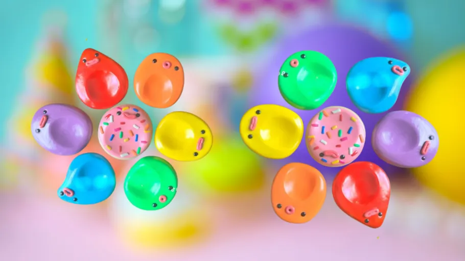 Bunte Donut- und Tropfenformen vor buntem Hintergrund.