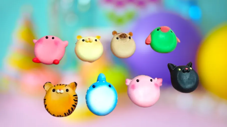 Colorful animal-shaped mochi in vibrant setting.