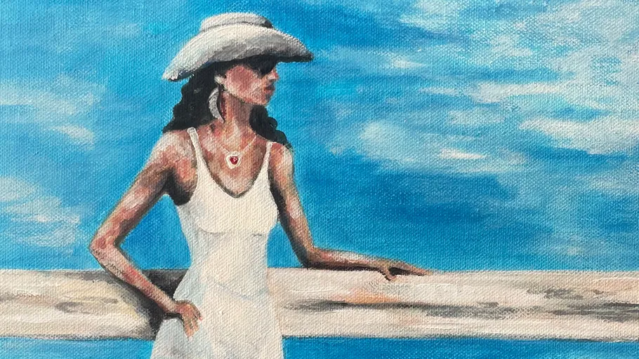 Frau im weißen Kleid, lehnt über Wasser.