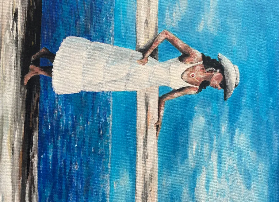 Woman in white dress, leaning over water.