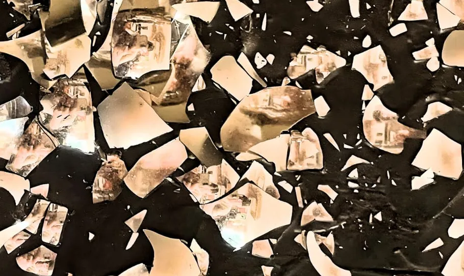 Shattered mirror pieces reflecting room interior.