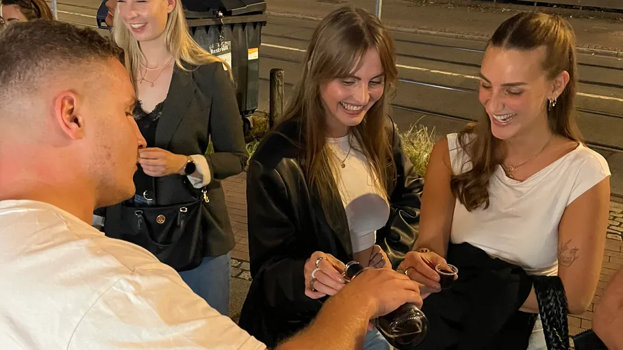 Group of people smiling and toasting outdoors.