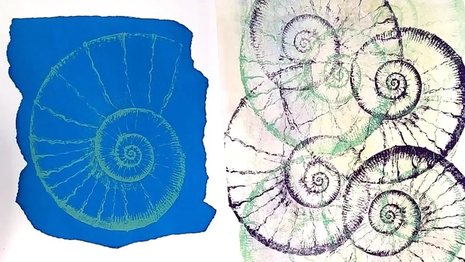 Ammonitenfossilien auf blauem und texturiertem Hintergrund.