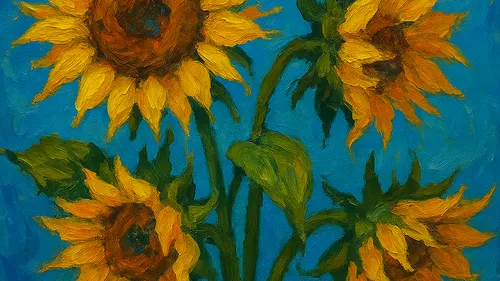 Sunflowers painted against a blue background.
