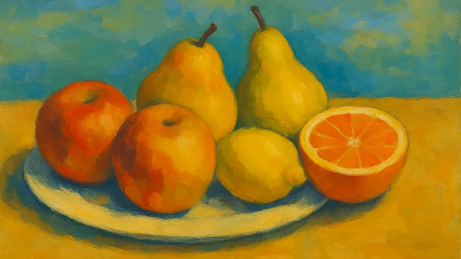 Fruits on a plate, painted in warm tones.