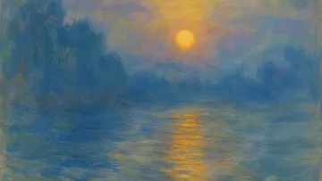 Sun setting over a tranquil blue river.