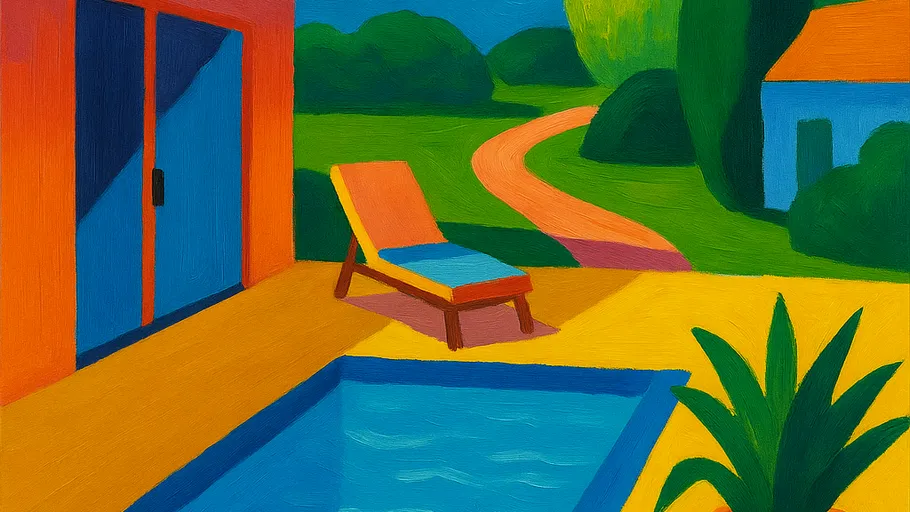 Deck chair beside pool with colorful landscape.