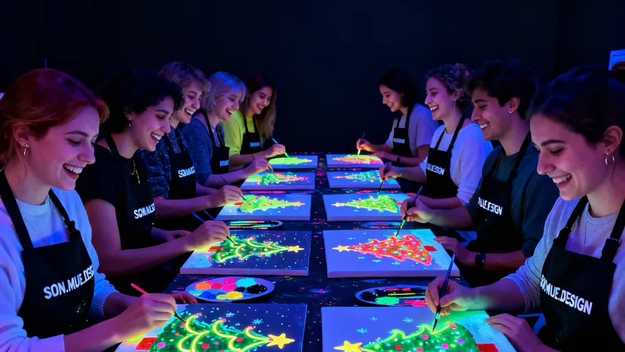 People paint glowing Christmas trees indoors.