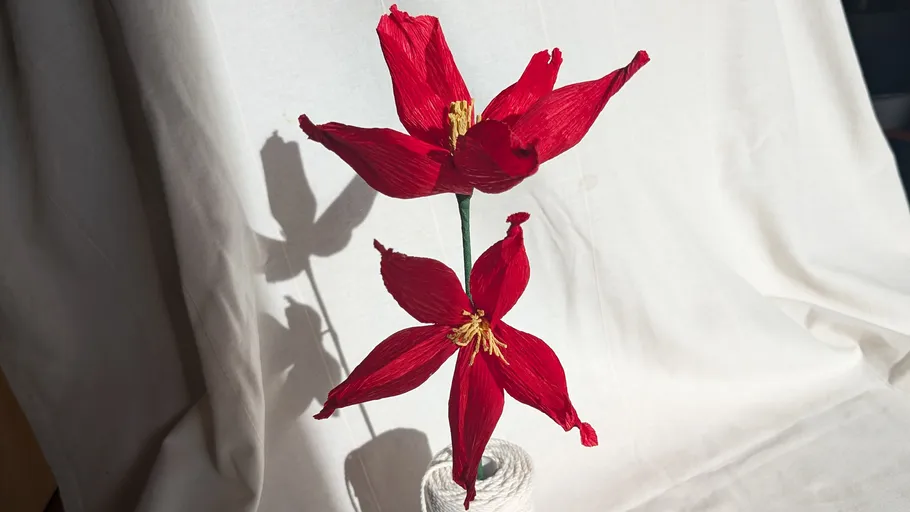 Rote Papierblumen auf weißem Hintergrund.