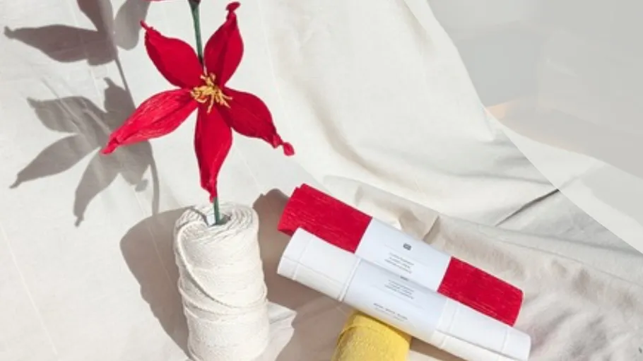 Rote Blume in Vase mit gerollten Papieren.