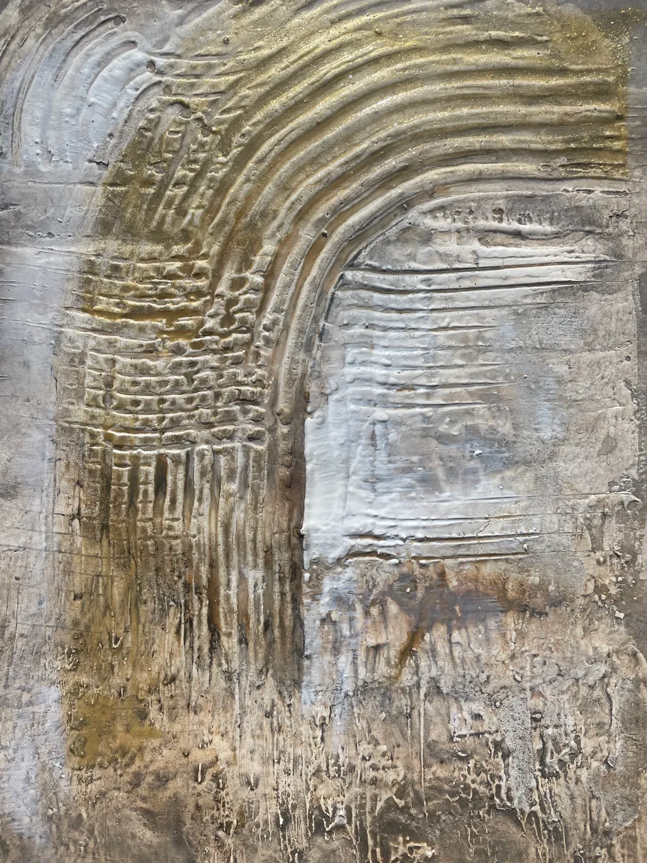 Abstract textured painting with curved lines, earthy tones.