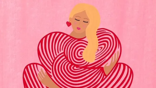 Woman hugging striped heart pattern, pink background.