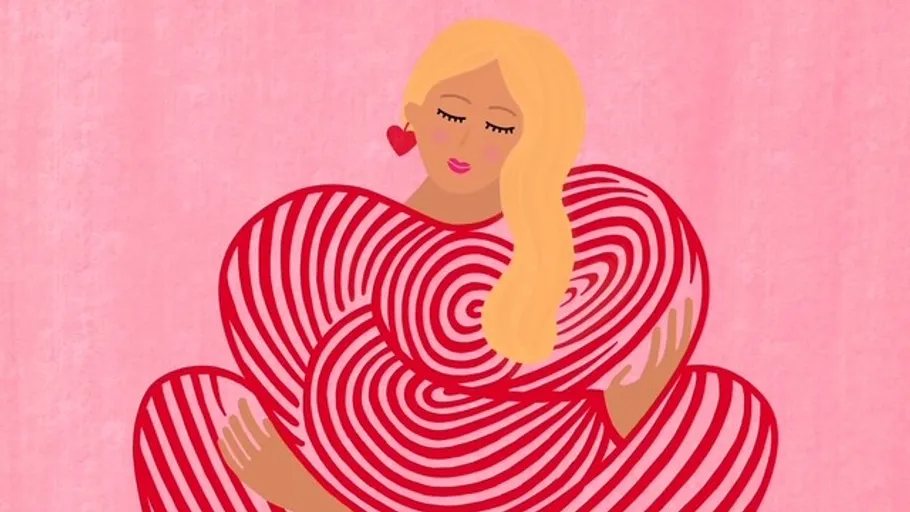 Woman hugging striped heart pattern, pink background.