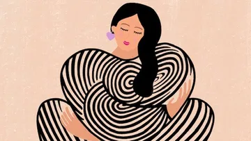 Illustration of woman hugging patterned shapes.