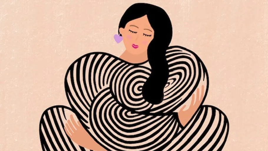 Illustration of woman hugging patterned shapes.