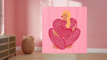 Abstract woman hugging heart shapes, pink room.