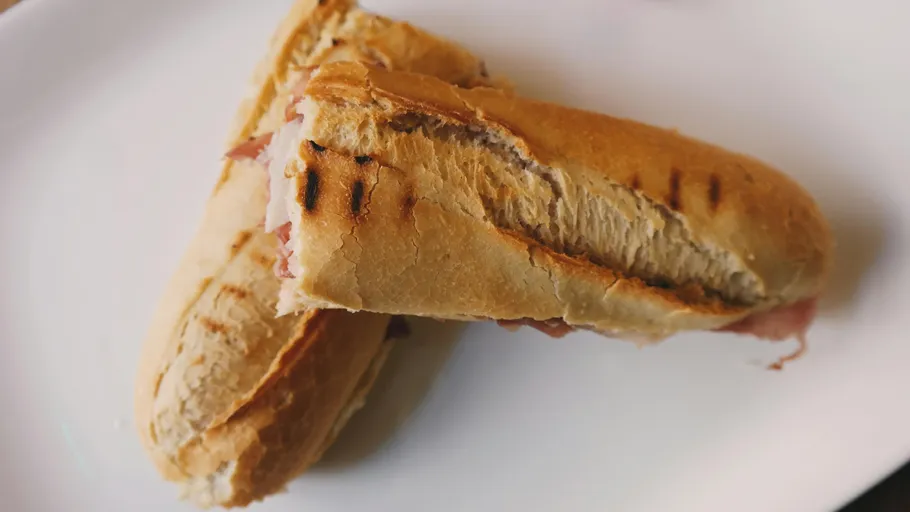 Grilled sandwich on white plate.