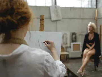 Eine Künstlerin zeichnet eine nackte Modellfigur in einem Atelier.