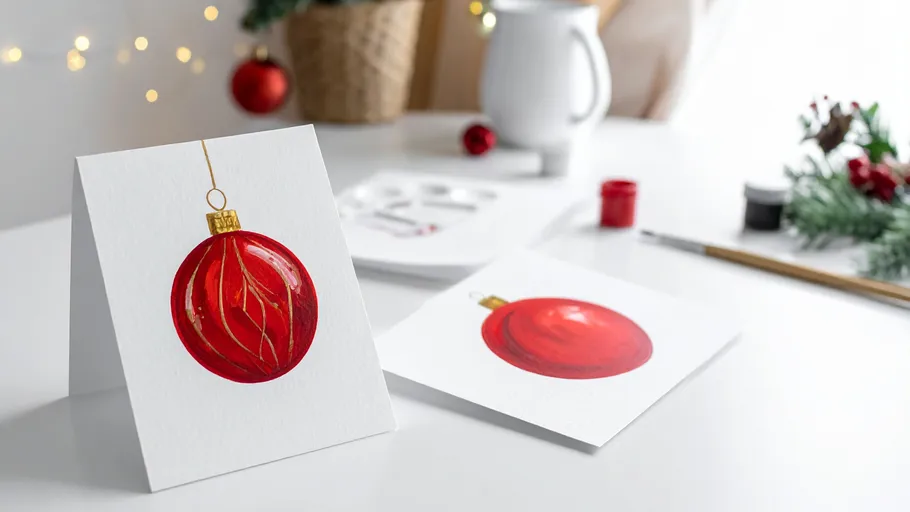 Painted Christmas cards on a white table.