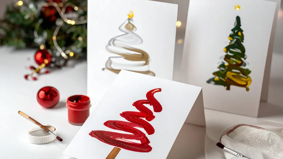 Gemalte Weihnachtskarten mit Dekorationen und Utensilien.