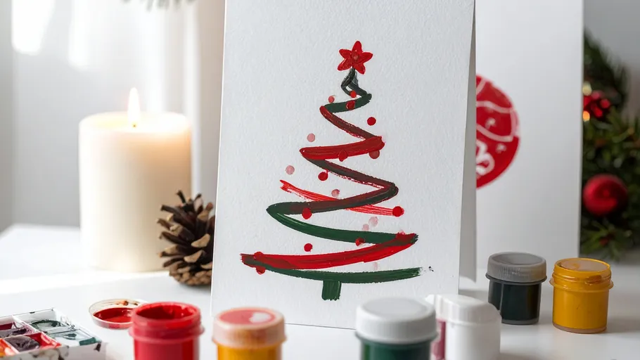 Gemalte Weihnachtsbaumkarte mit Kerzen und Farben.