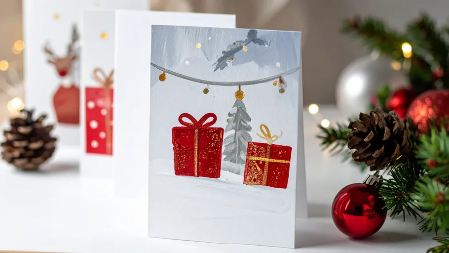 Christmas cards with festive decorations.
