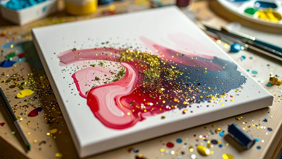 Abstract painting with glitter on canvas.