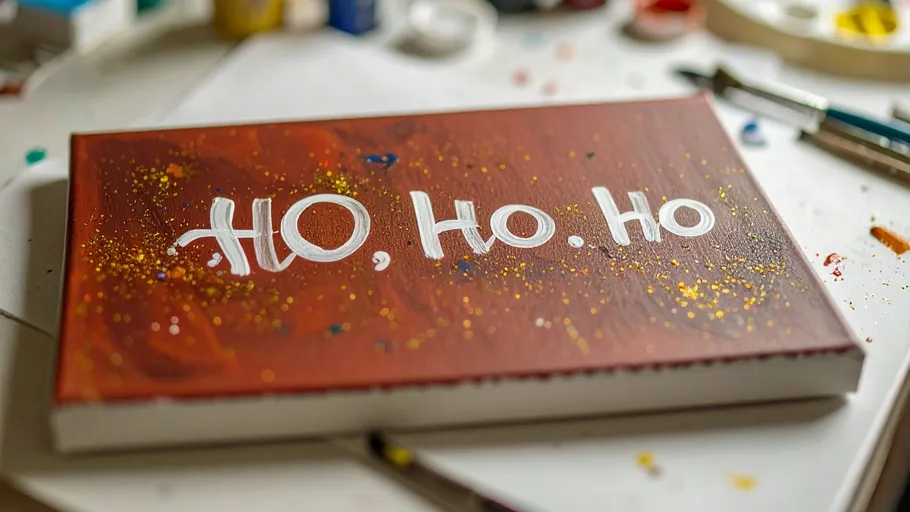 Leinwand mit 'HO, Ho, Ho' auf chaotischem Tisch.