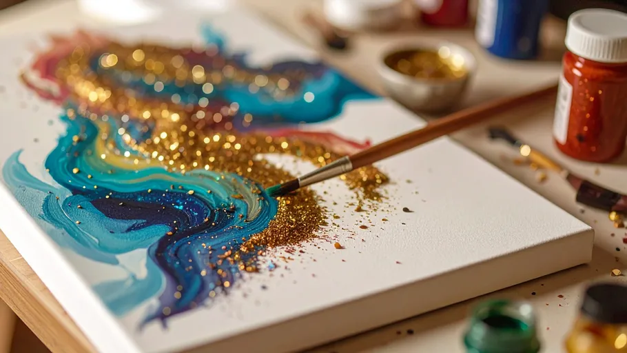 Leinwand mit bunter Farbe und Goldglitter.
