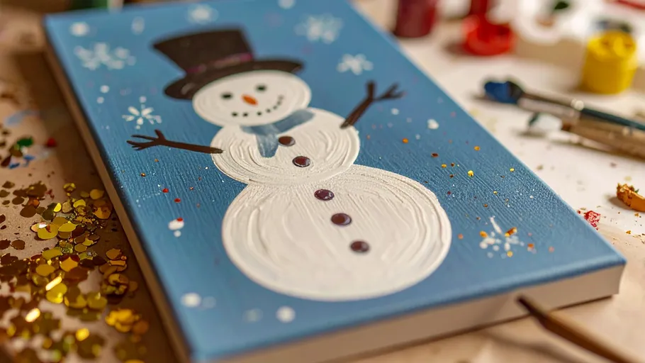 Schneemann-Gemälde mit verstreuten Kunstmaterialien.