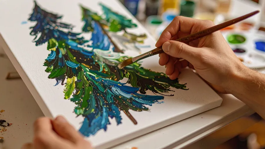 Hand painting colorful trees on canvas.