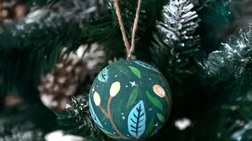 Decorated ornament hanging on Christmas tree.
