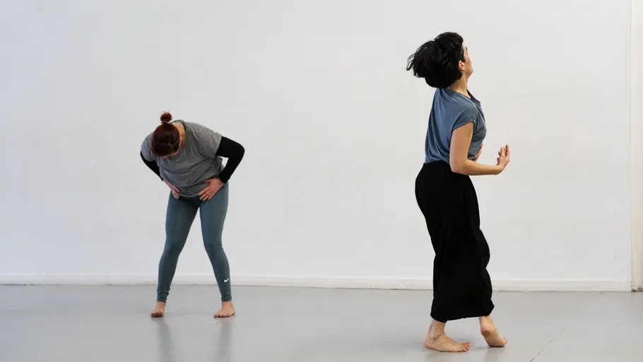 Two women performing dance movements indoors.