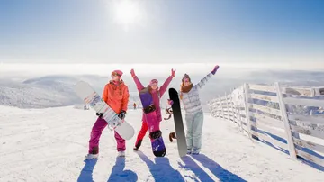 Three snowboarders posing on snowy mountain summit.