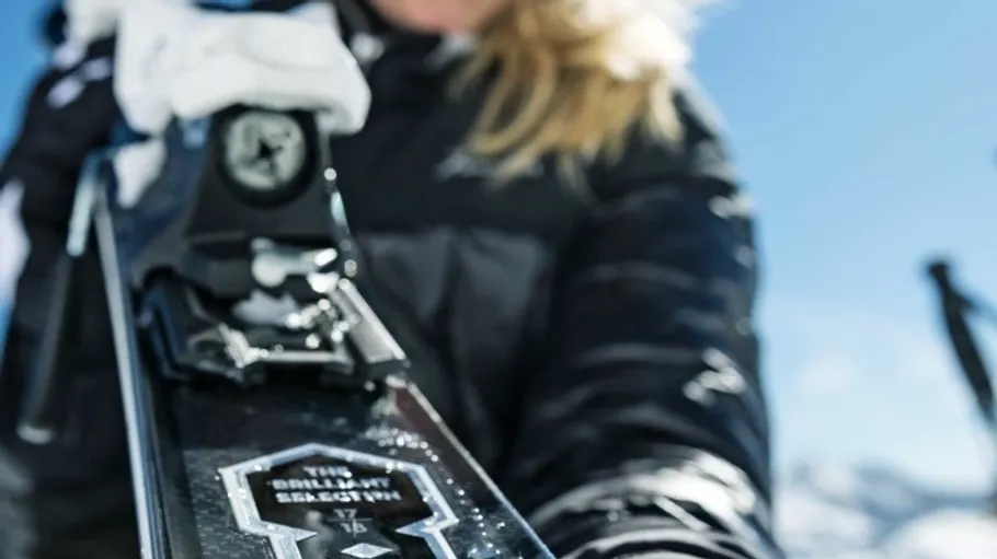 Person holding ski, snowy mountain background.