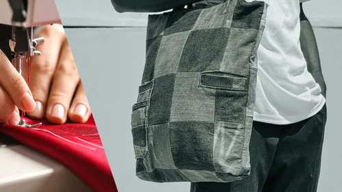 Person sewing and holding patchwork bag.