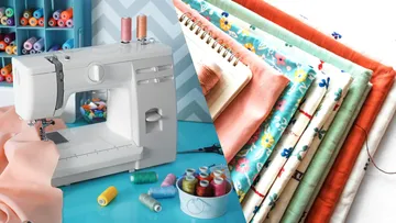 Sewing machine with fabric and thread nearby.