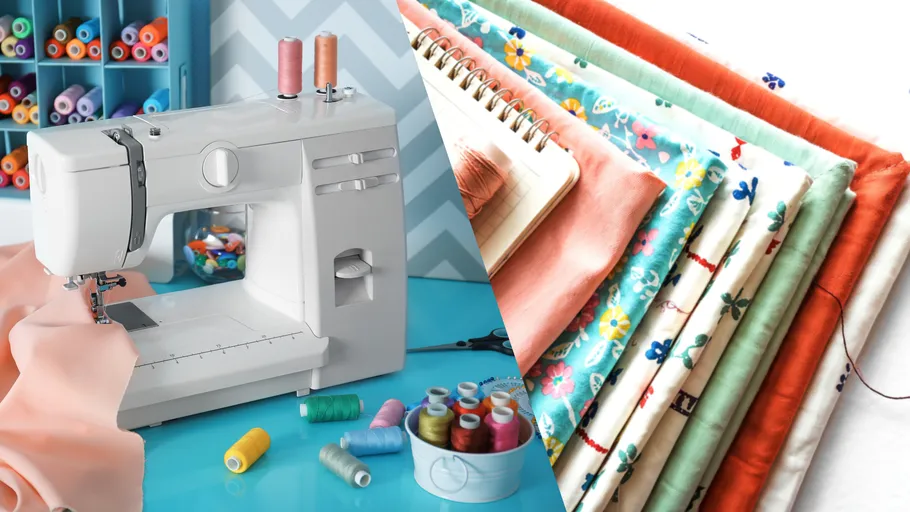 Sewing machine with fabric and thread nearby.