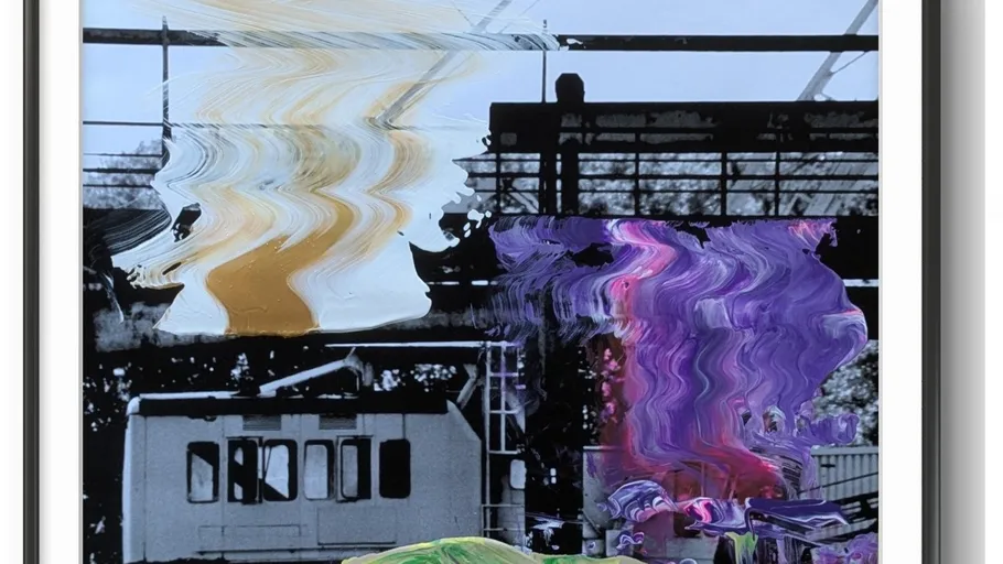 Abstract painting over train station scene.