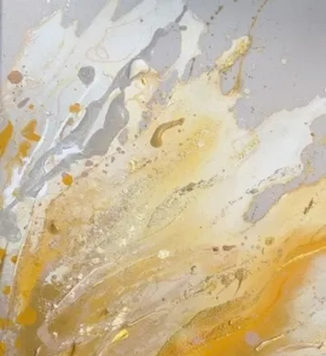 Abstraktes Gemälde mit gelben und weißen Spritzern.