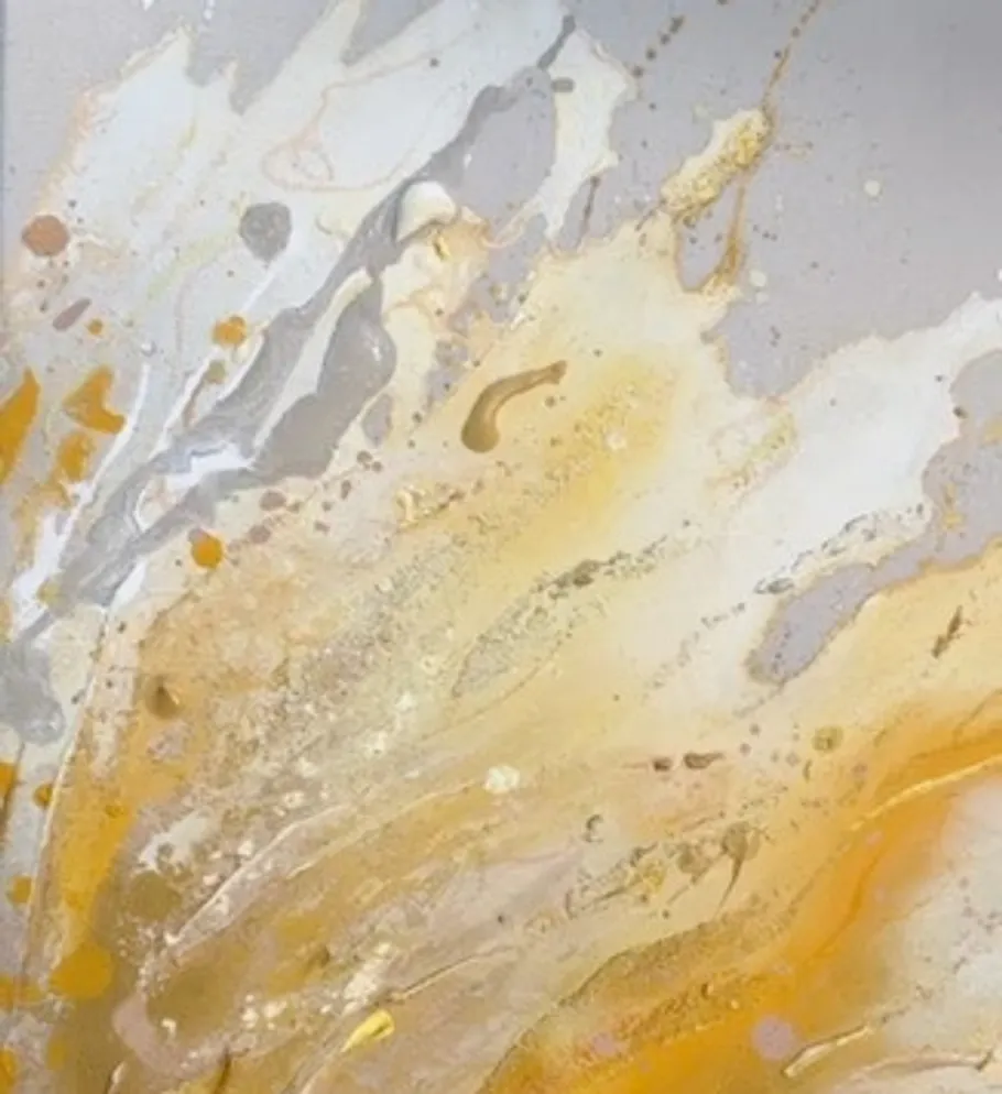 Abstract painting with yellow and white splashes.