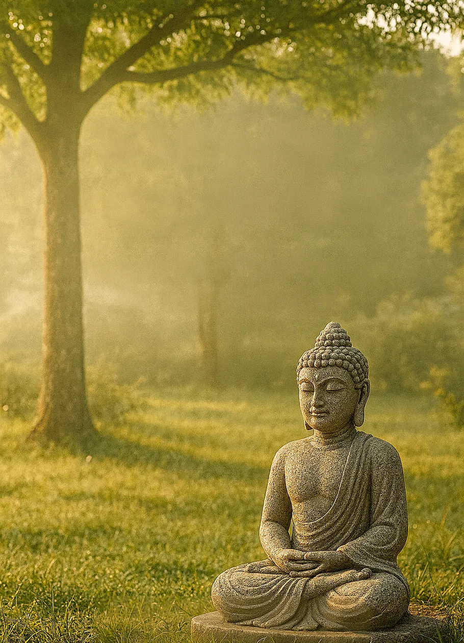 Buddha statue meditating in serene garden.