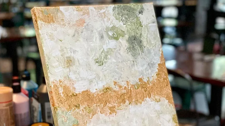 Abstract painting with textured, earthy colors.