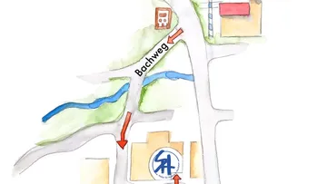 Logo und handgezeichneter Lageplan mit Wegbeschreibung.