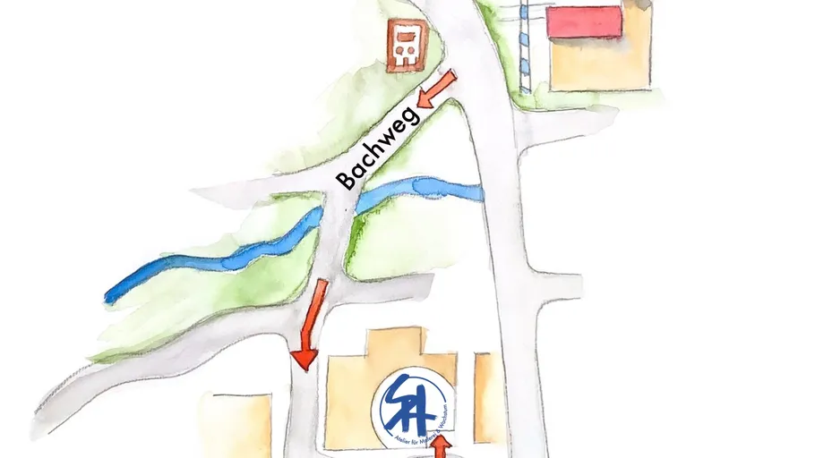 Logo und handgezeichneter Lageplan mit Wegbeschreibung.