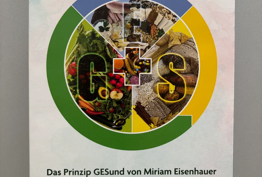 Colorful logo with food and plus sign.