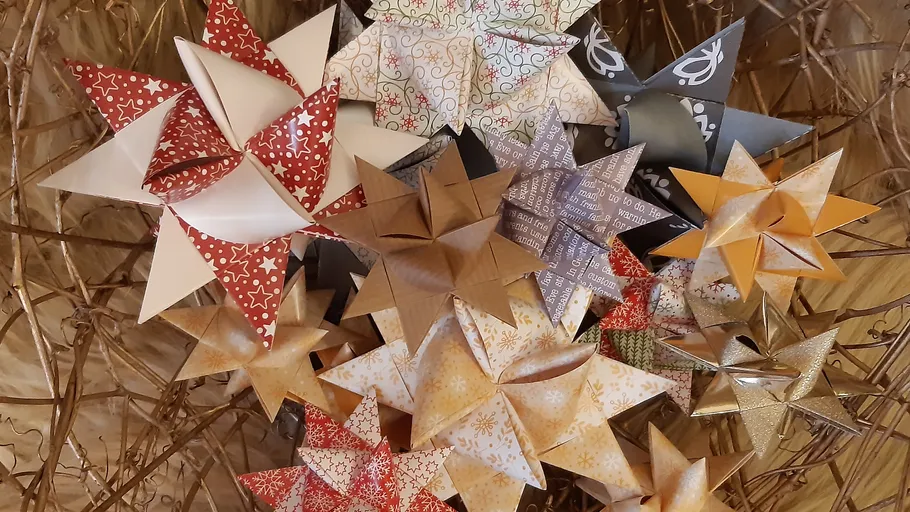 Colorful paper stars in a decorative arrangement.