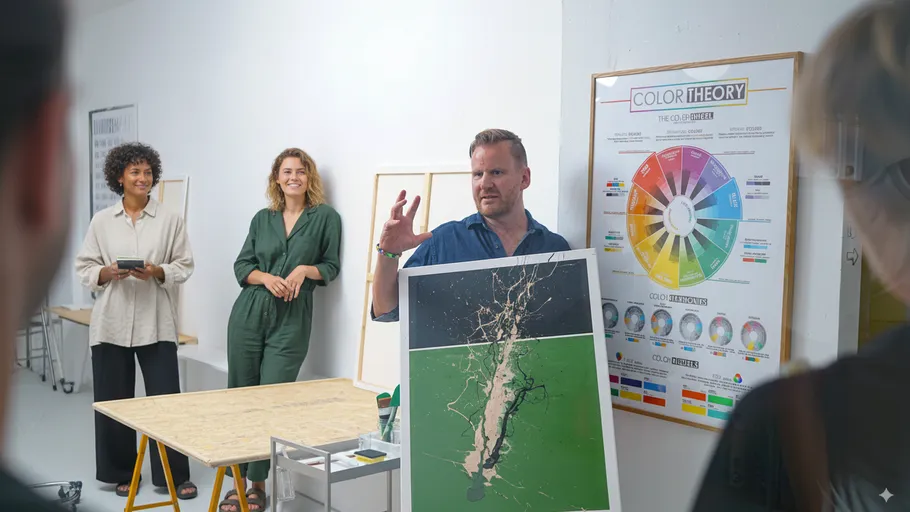 Man presenting art in a classroom setting.