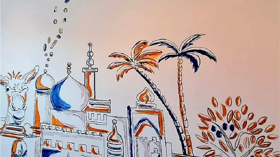 Colorful mural of donkey, mosque, palm trees.